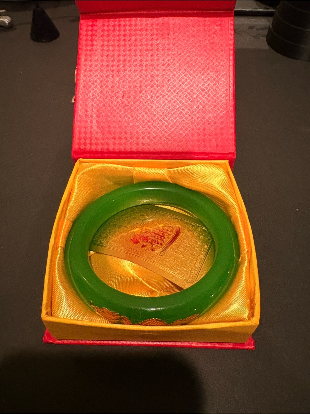 Green Jade Bangle Bracelet with gold Dragon NWOT!!
